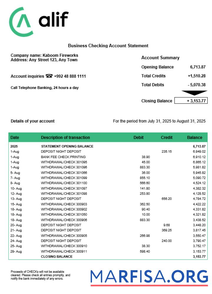 Printable Tajikistani Alif firm account statement Word and PDF template